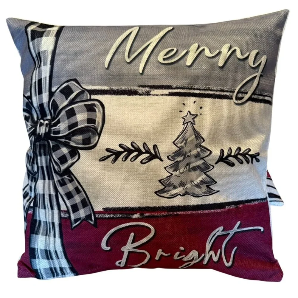 Holiday Pillow Cover - Merry Bright - 17in x 17in Christmas Throw Pillow Cover